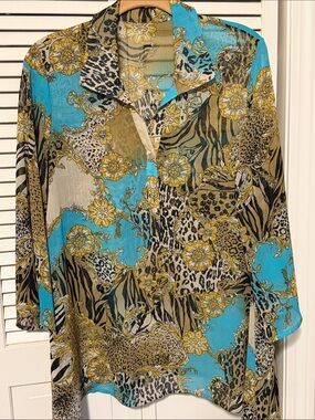 Turquoise Gold Black Animal Floral Print Button-Front Women's Tunic Large